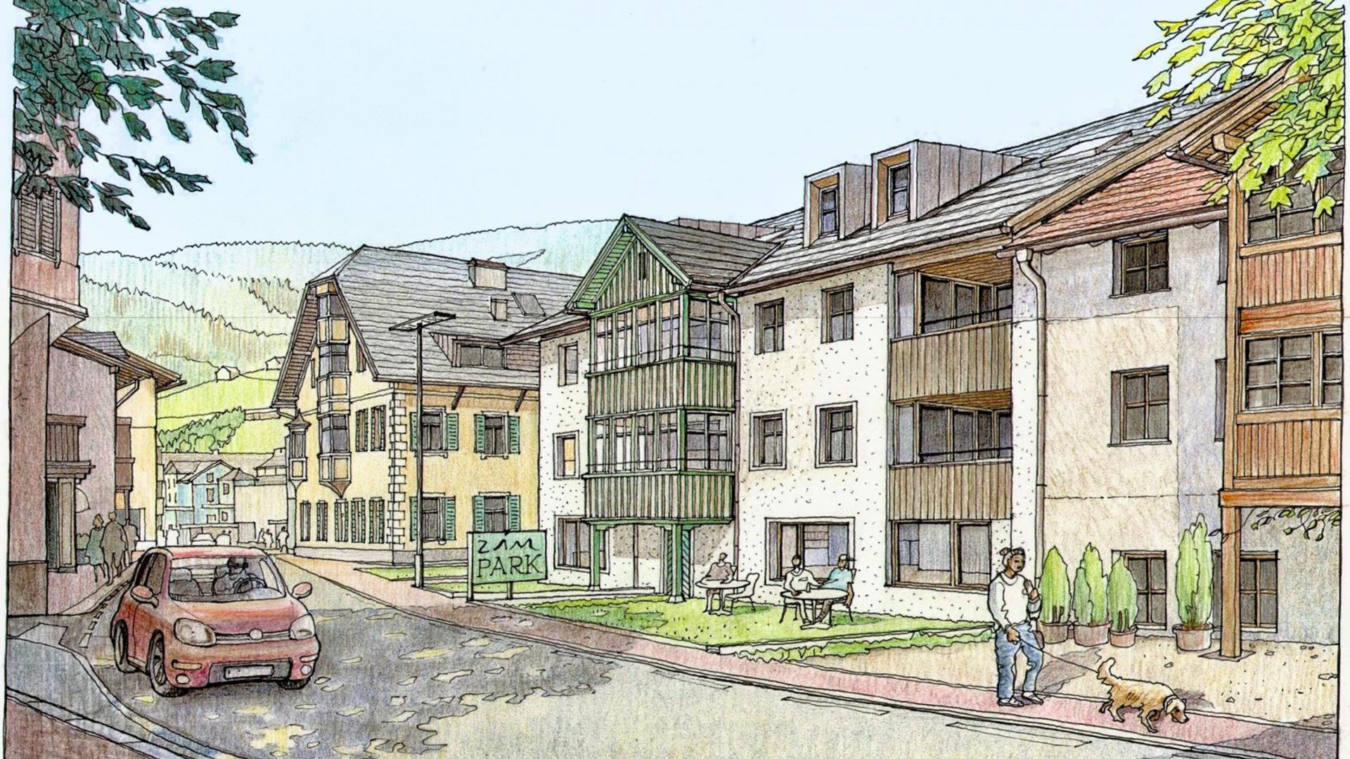 Zin Park Residence in Innichen Straßenszene mit Häusern, Auto, Menschen und Hund in einem Dorf